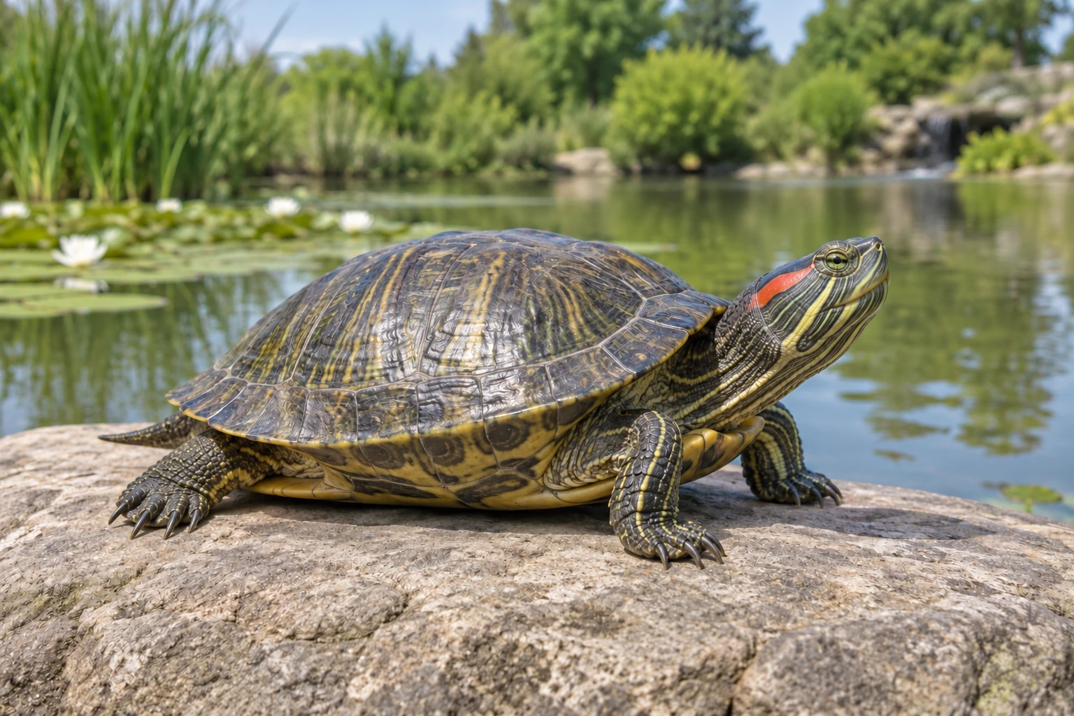 Красноухая черепаха спокойно лежит на сухом камне у воды; видны целый панцирь, полосатая голова, лапы и хвост
