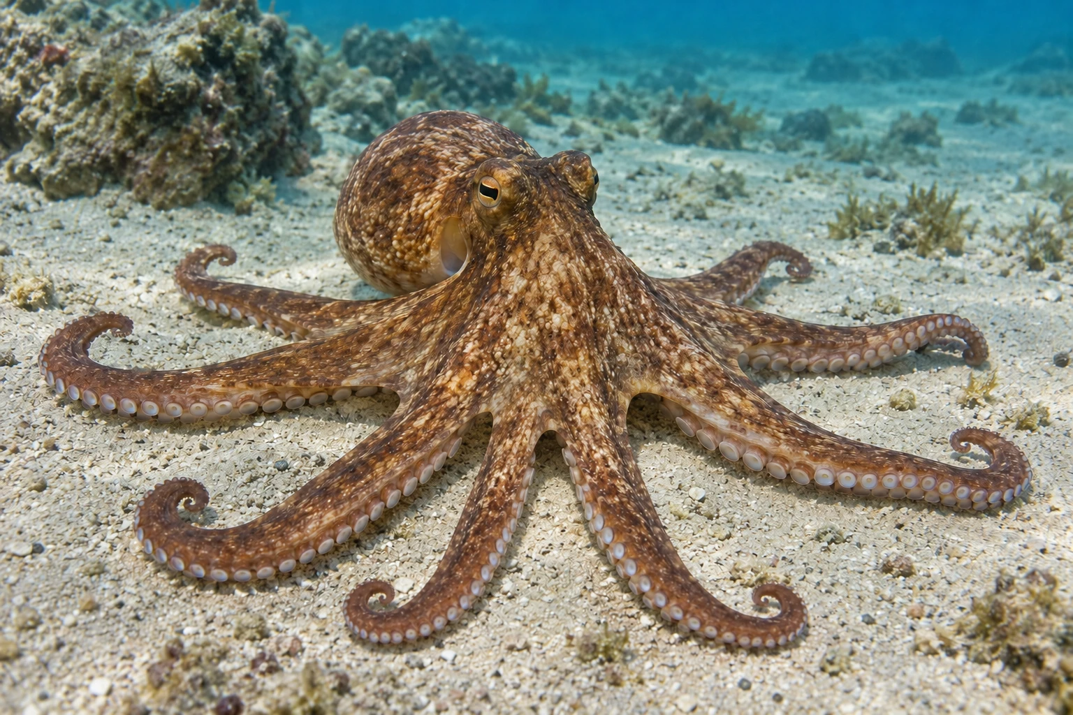 Коричневый осьминог с восемью руками и присосками на морском дне