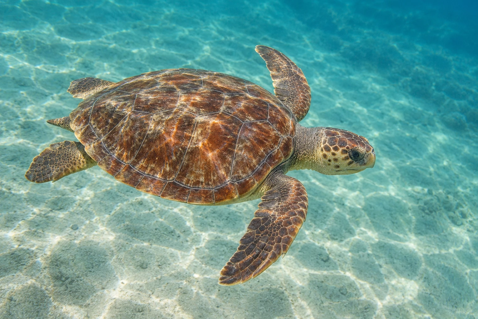 Целая головастая морская черепаха с коричневатым панцирем, четырьмя ластами и коротким хвостом плывёт над светлым песчаным дном