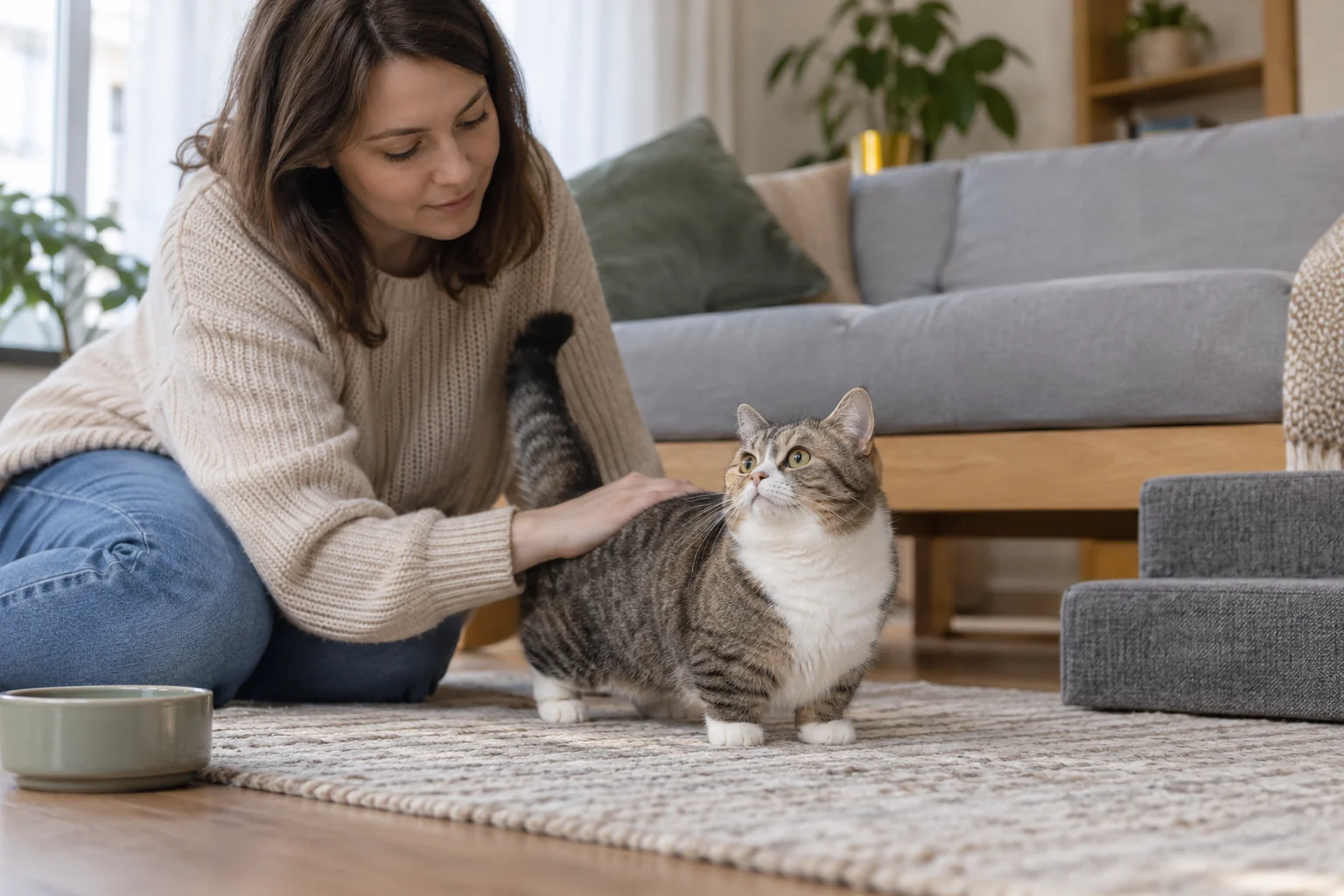 Безопасная бытовая сцена с питомцем по теме «Коротколапые породы кошек: как распознать и что учесть»