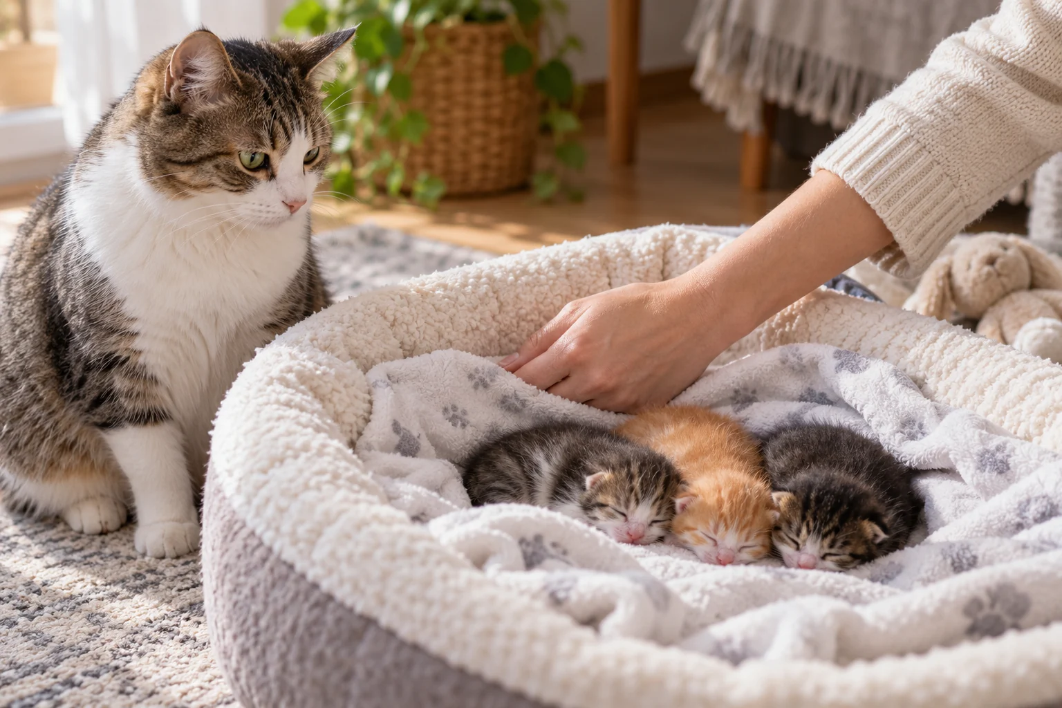Кошка-мать рядом с тёплым гнездом и новорождёнными котятами