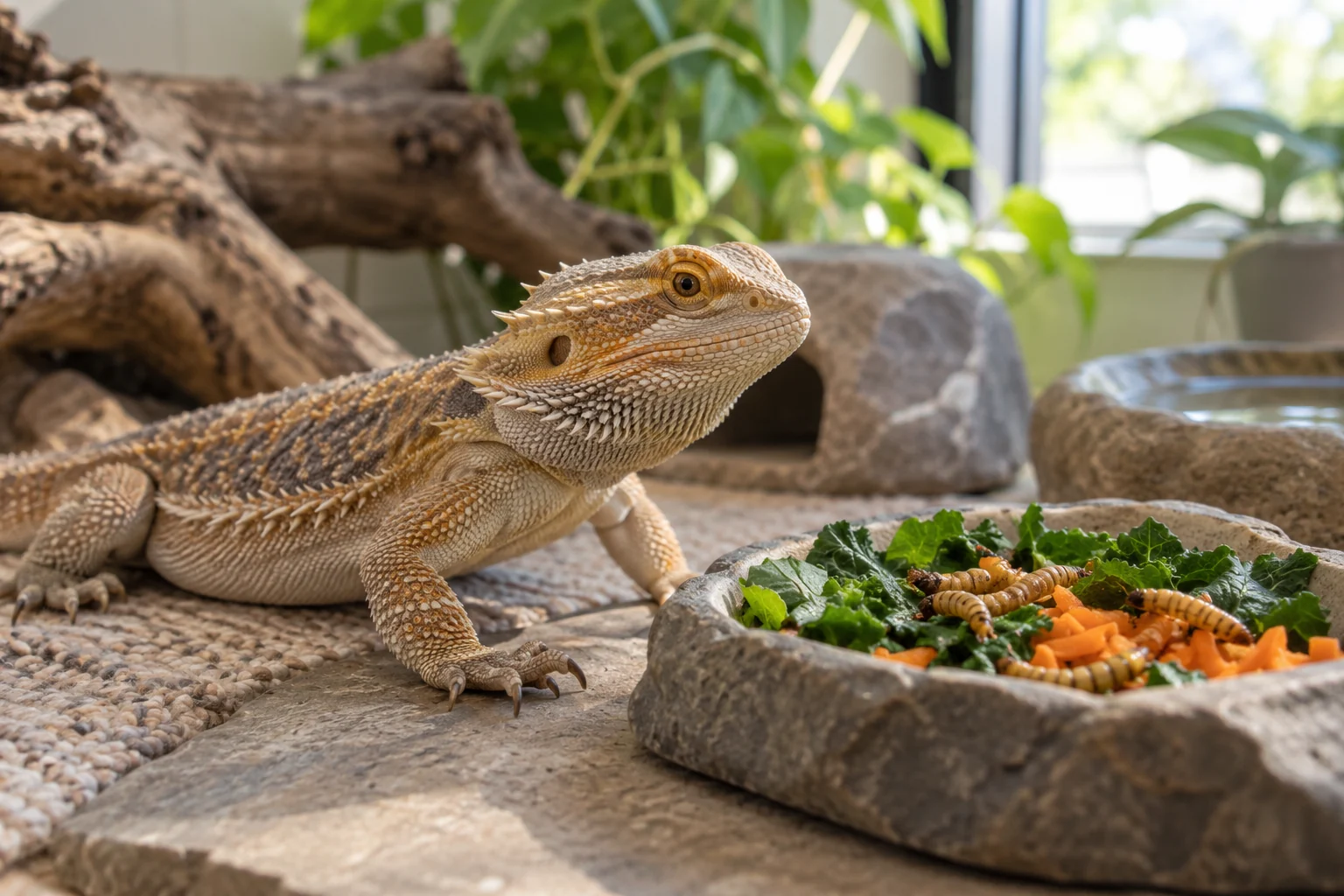 Домашняя ящерица рядом с подходящей миской или элементами безопасного ухода в спокойной домашней обстановке
