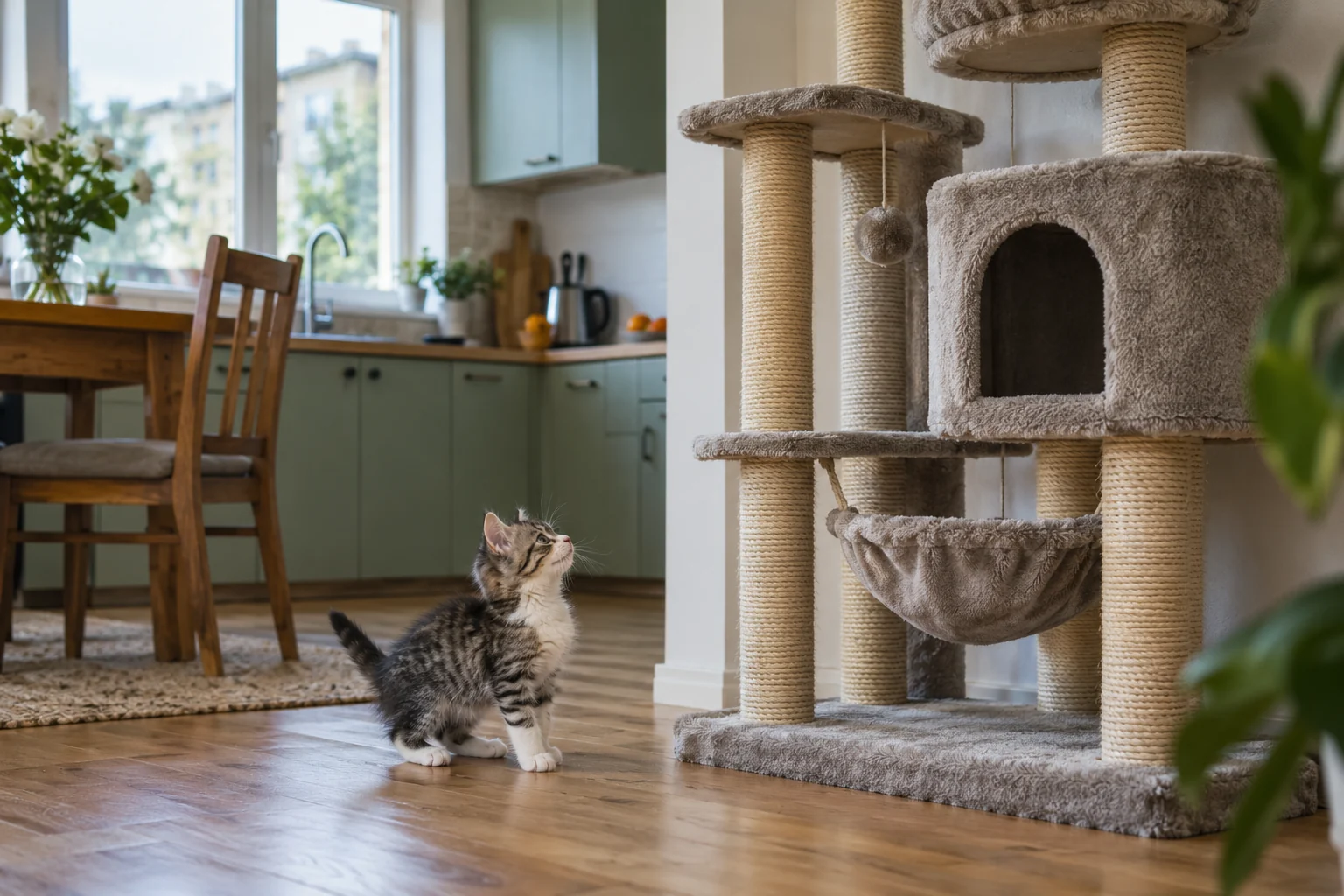 Котенок выбирает высокий кошачий комплекс рядом с кухней