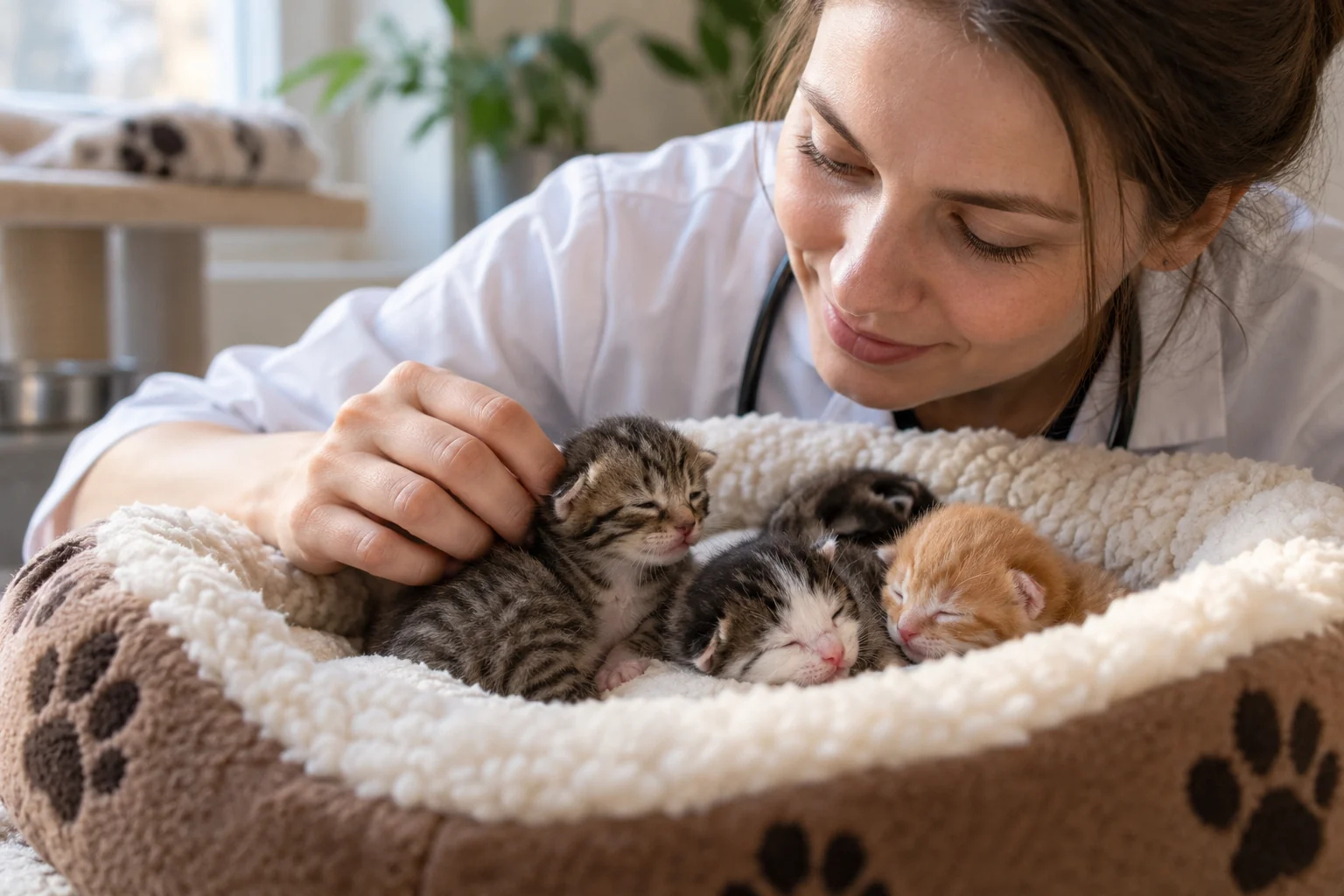 Новорождённые котята в тёплом безопасном гнезде под наблюдением специалиста