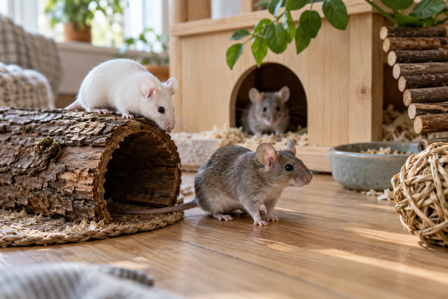 Несколько домашних мышей исследуют просторное жилище с укрытиями