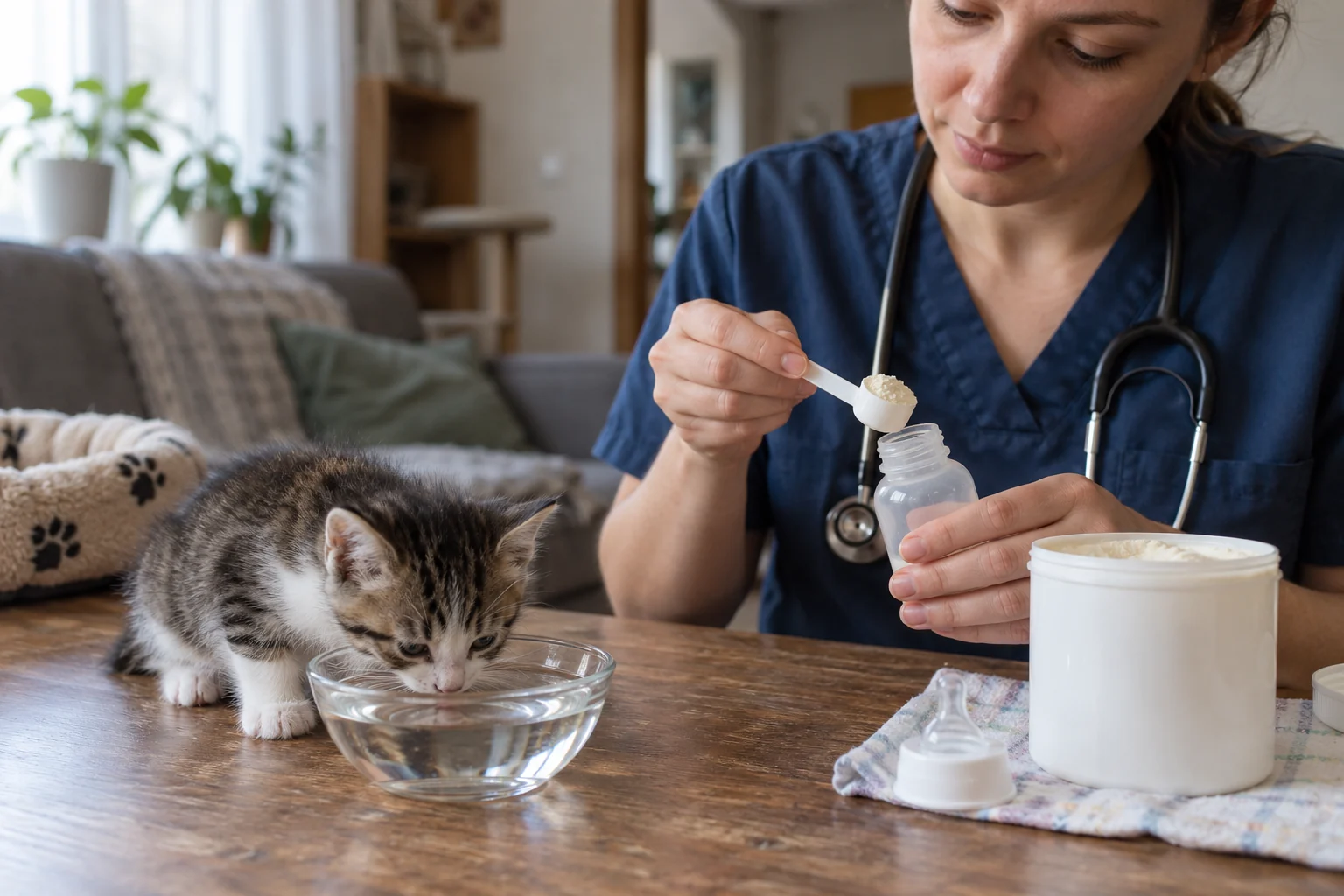 Котёнок рядом с миской воды и специализированным заменителем молока без видимой упаковки