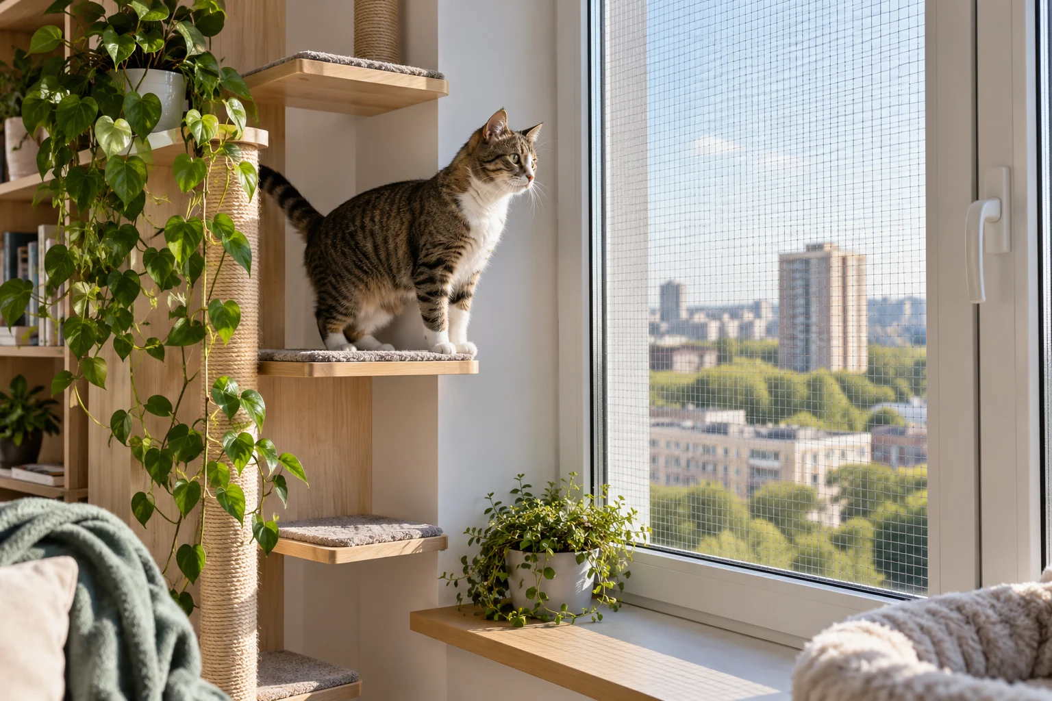 Кошка использует вертикальные полки и безопасное окно с прочной сеткой
