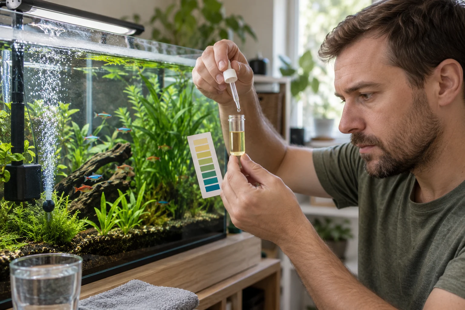 Владелец сравнивает капельный тест воды рядом с хорошо аэрируемым аквариумом без текста на шкале