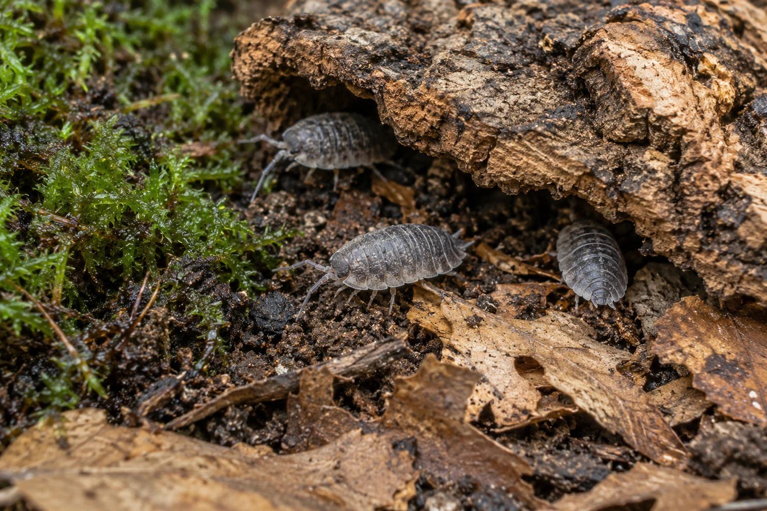 Три серые мокрицы Porcellio scaber у коры между влажным мхом и листовым опадом