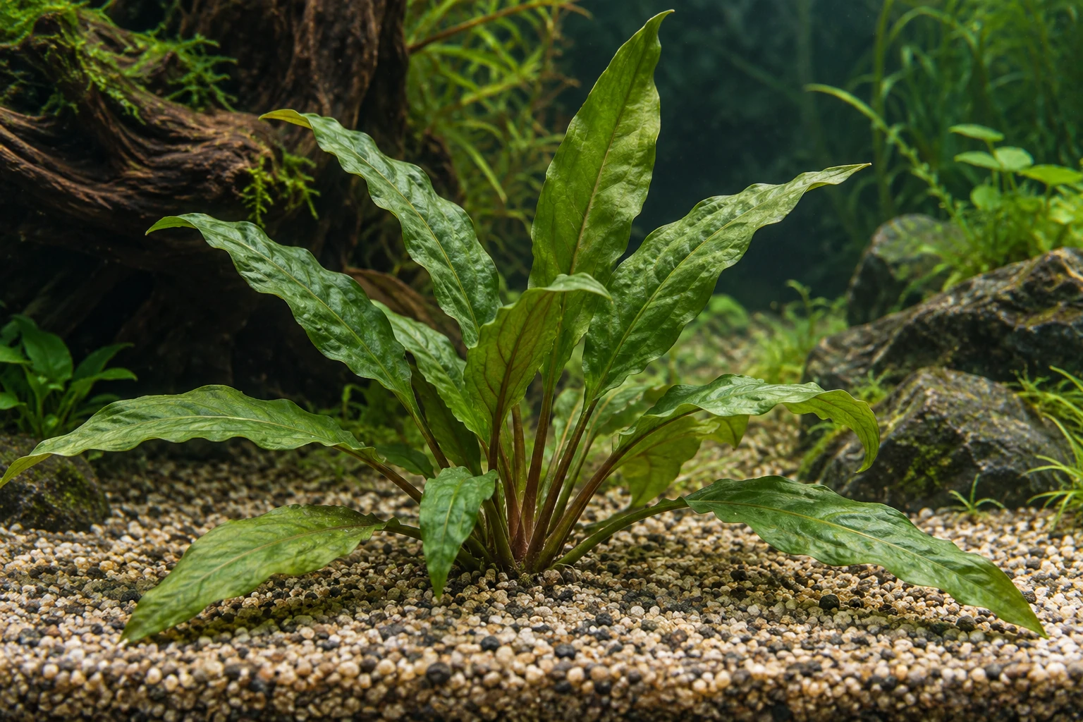 Широкая розетка криптокорины Вендта Green с наружными листьями близко к грунту