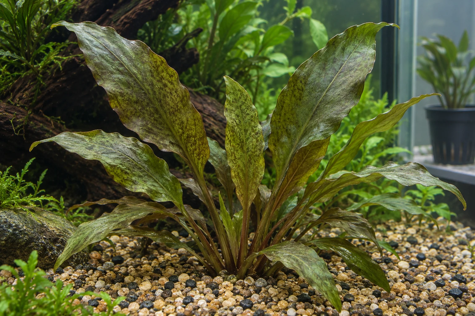 Широкие пятнистые листья розетки криптокорины ундулата Broad Leaf