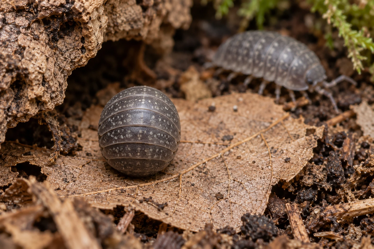 Свернувшаяся в шар серая мокрица на сухом листе рядом с корой