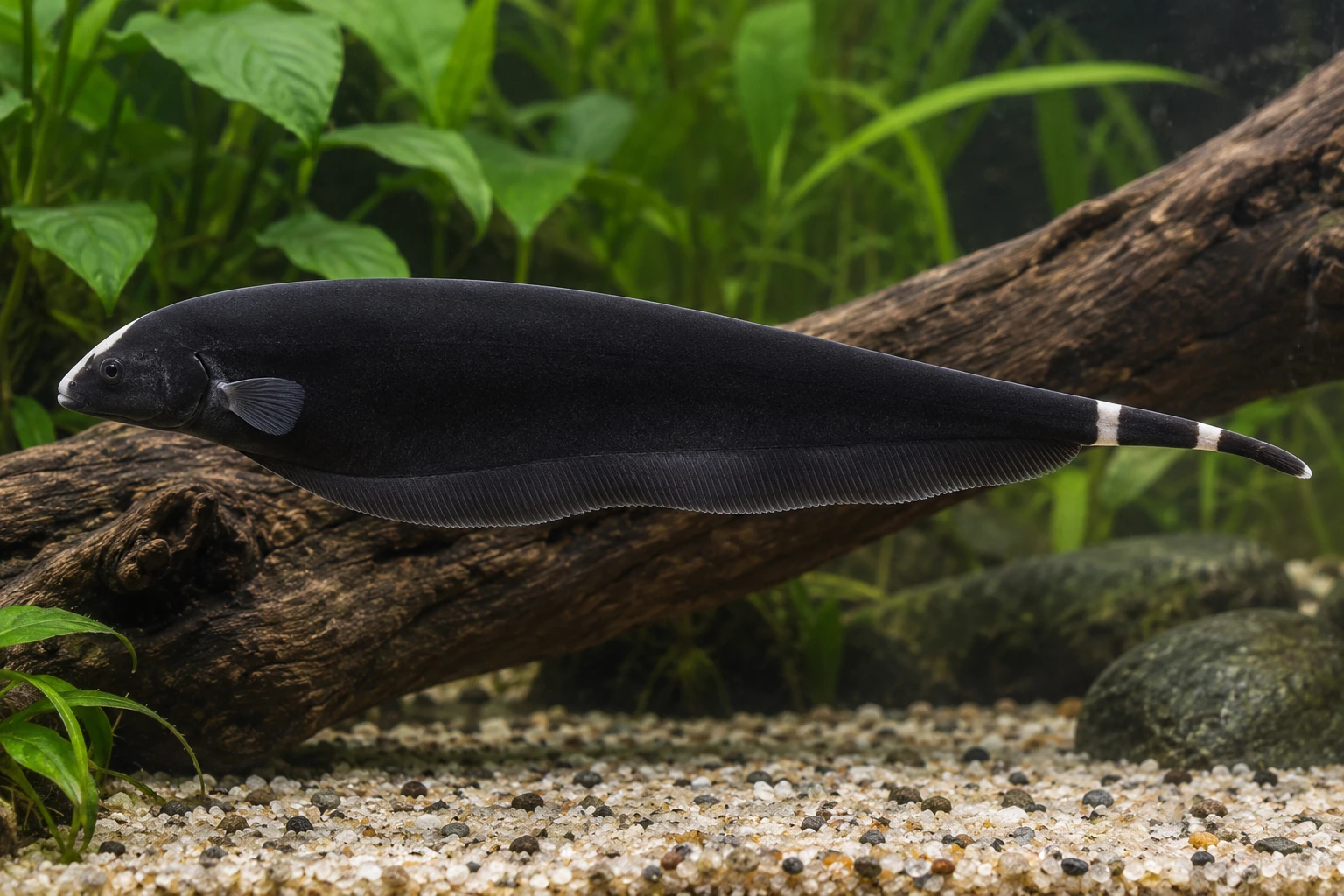 Чёрный нож Apteronotus albifrons с длинным анальным плавником вдоль нижней части тела