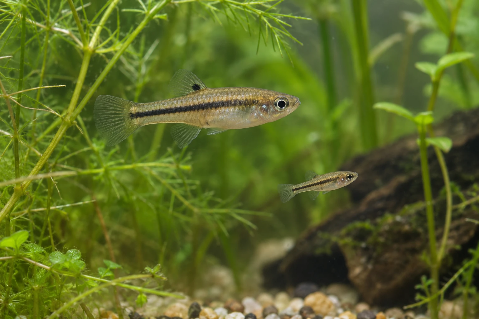 Самка Heterandria formosa и небольшой малёк среди аквариумных растений