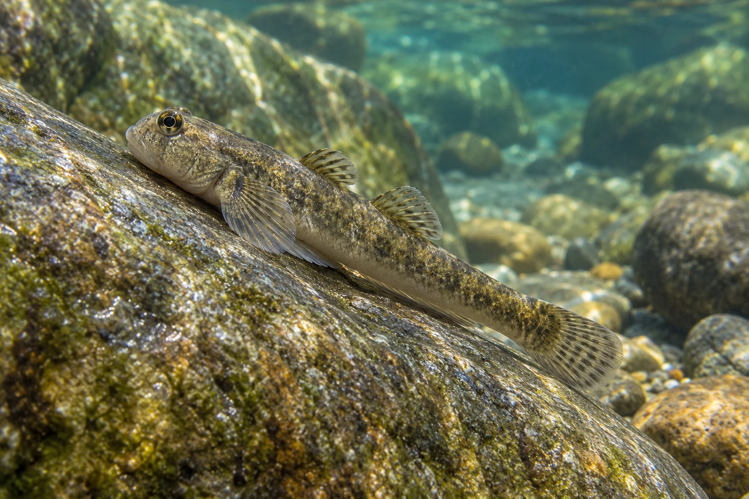 Молодой Sicyopterus stimpsoni находится на наклонном камне под водой