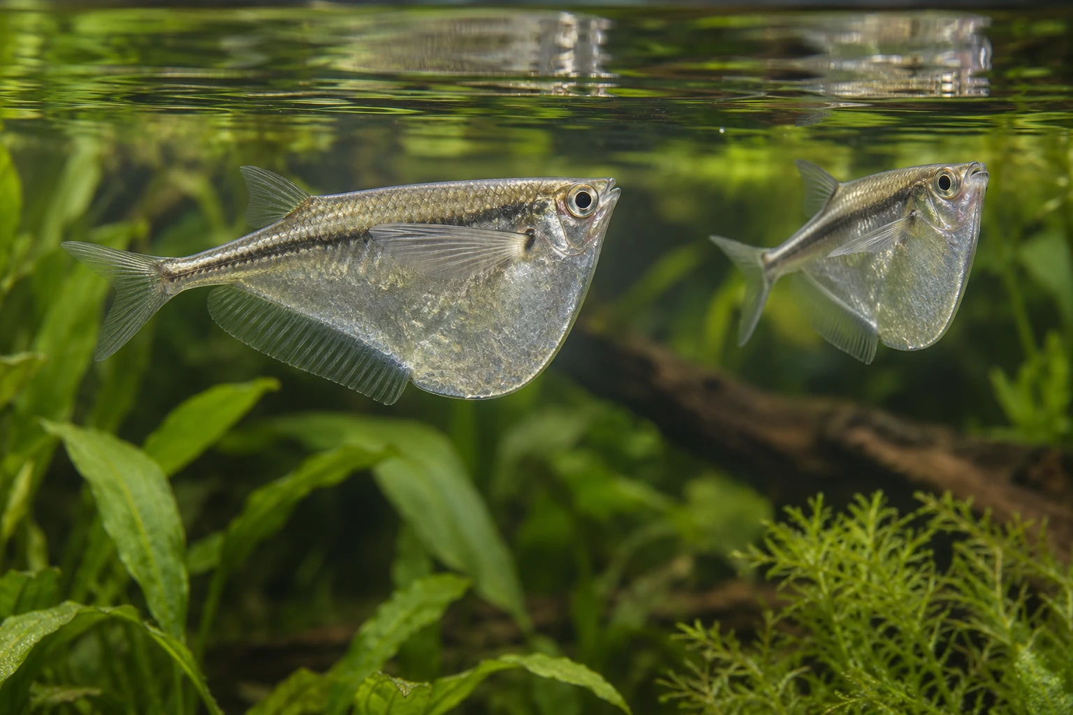 Серебристые клинобрюшки Gasteropelecus sternicla с глубоким брюшным килем под водой