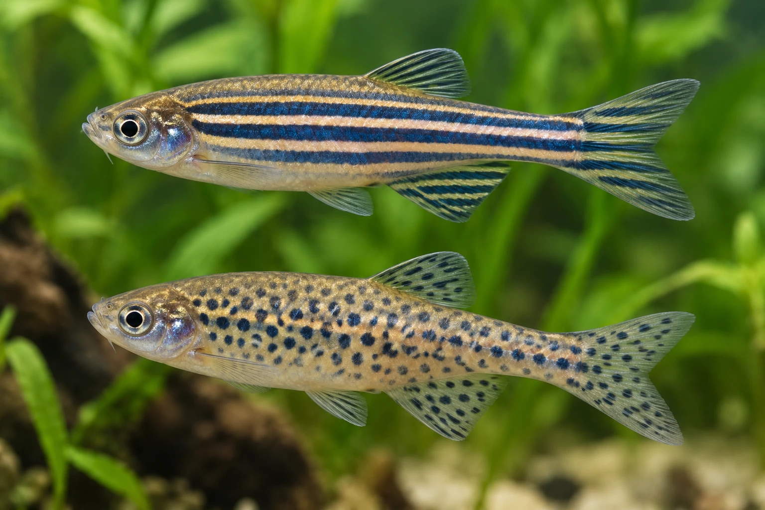 Полосатый и пятнистый леопардовый рисунки у двух Danio rerio