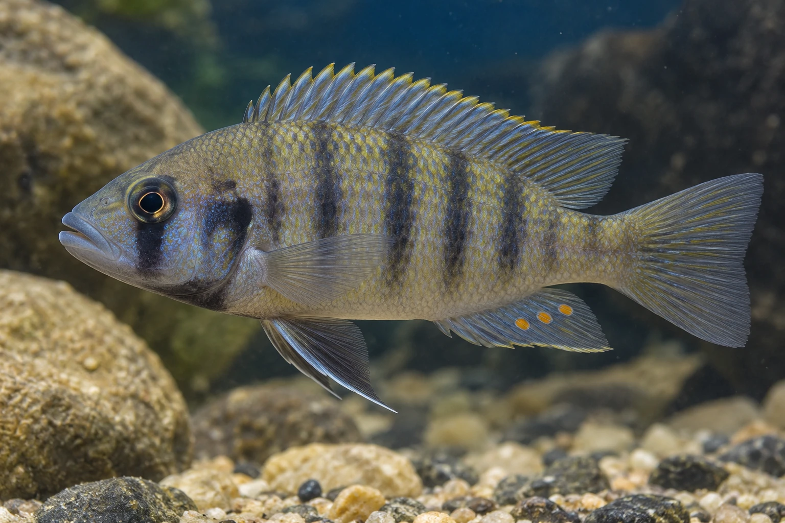 Самец Astatotilapia burtoni с тремя жёлтыми пигментными пятнами на анальном плавнике
