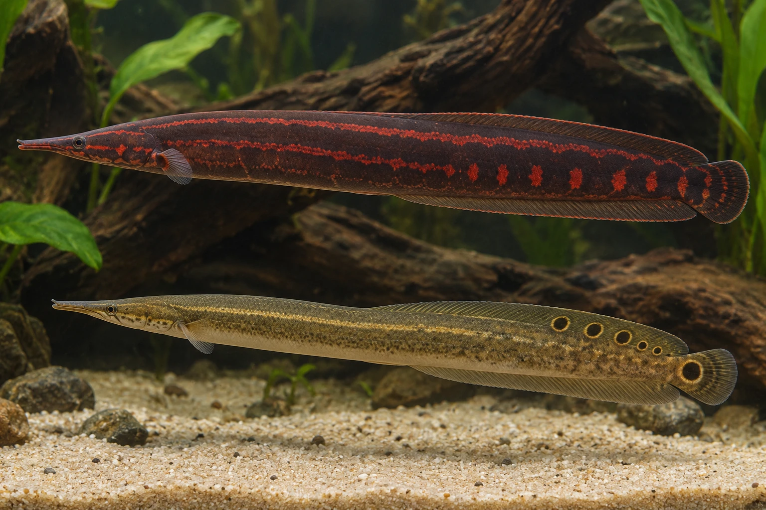 Mastacembelus erythrotaenia и Macrognathus siamensis в сравнительной иллюстрации без шкалы взрослых размеров