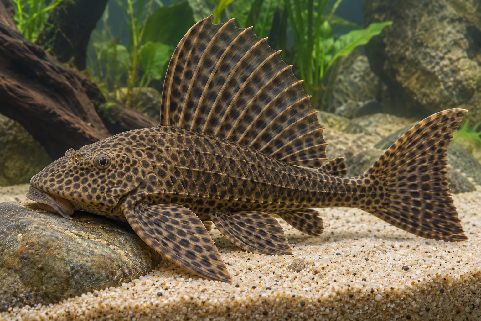Птеригоплихт Pterygoplichthys с раскрытым спинным плавником над панцирным телом