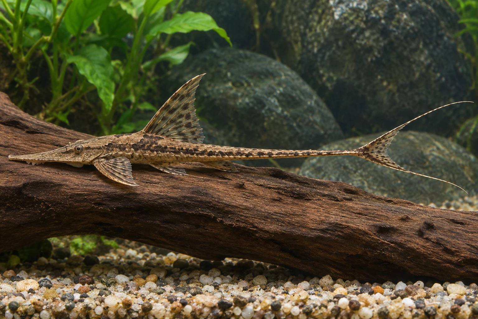 Панамская стурисома Sturisomatichthys с длинным хвостовым стеблем и тонкими продолжениями хвостовых лучей