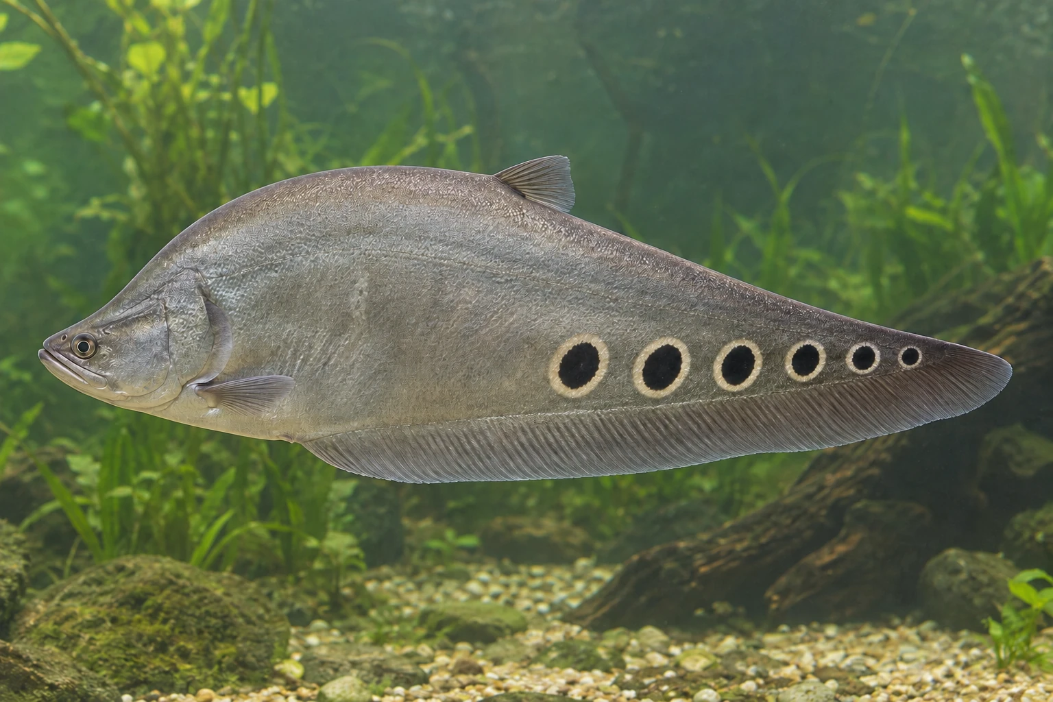 Хитала Chitala ornata с шестью плоскими глазчатыми пятнами над длинным анальным плавником