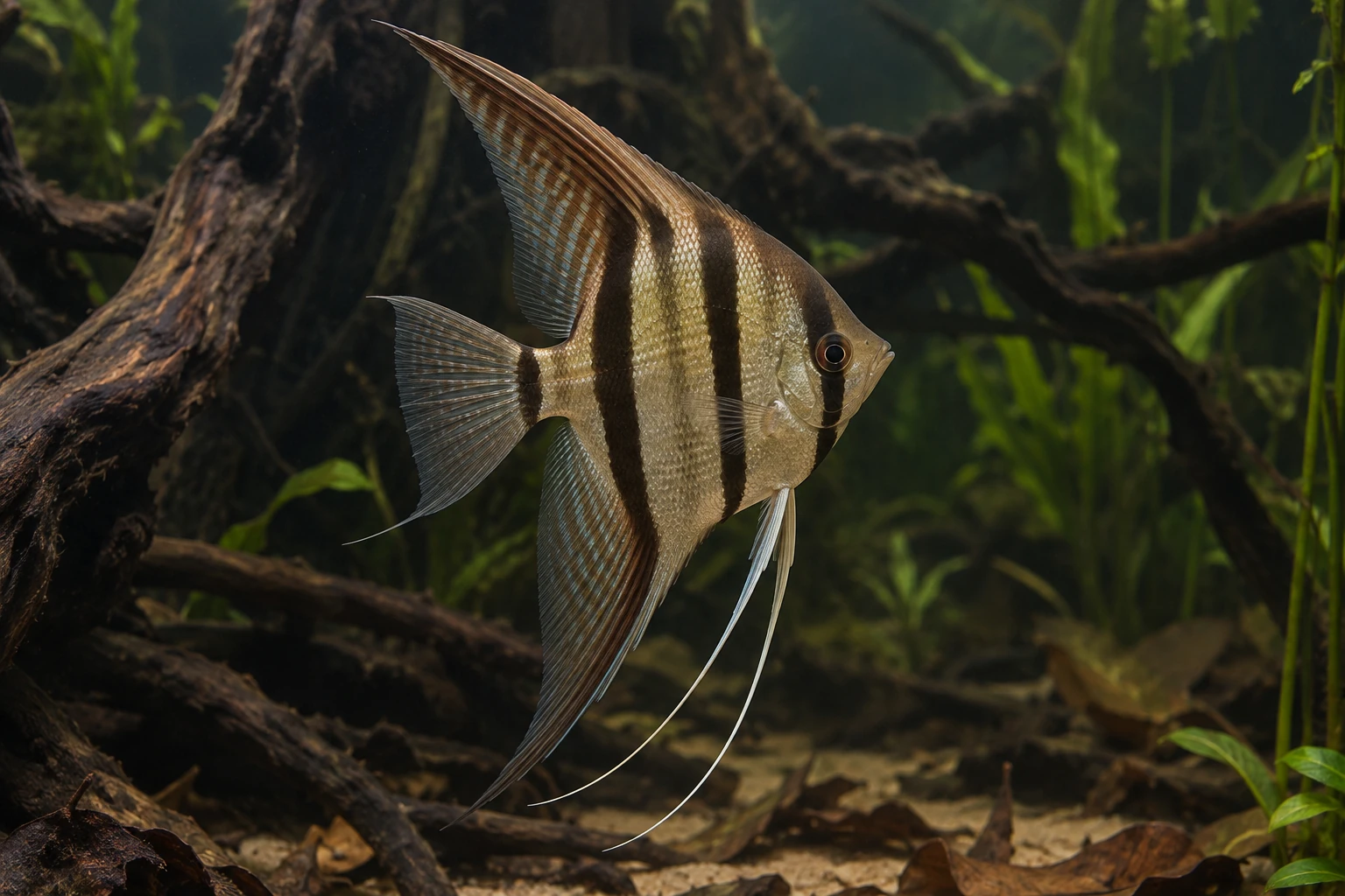 Скалярия Pterophyllum altum с целиком видимыми высокими спинным и анальным плавниками