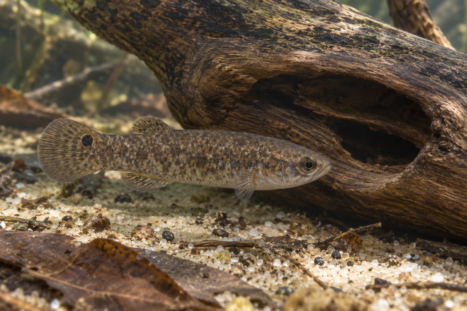 Мангровый ривулус Kryptolebias marmoratus полностью под водой возле широкой открытой полости коряги