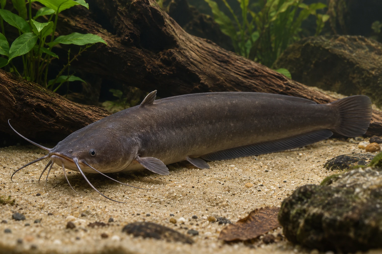 Мешкожаберный сом Heteropneustes fossilis с коротким спинным плавником и усами на мягком грунте