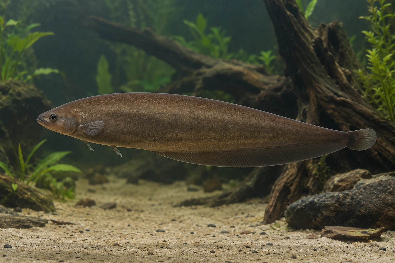 Африканский нож Xenomystus nigri с гладким верхним контуром и длинным анальным плавником