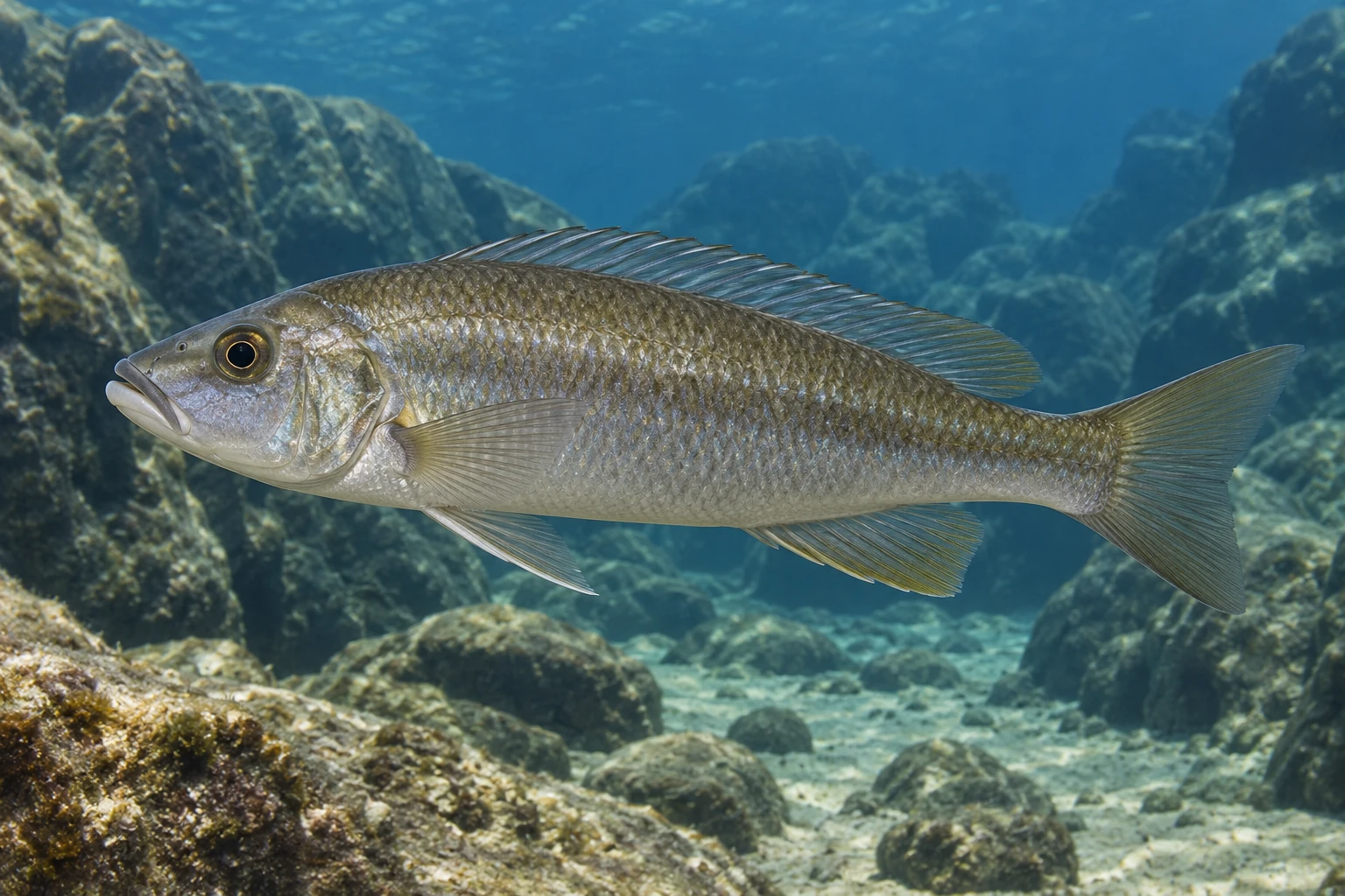 Периссодус Perissodus microlepis с естественным асимметричным ртом в подводном каменистом окружении