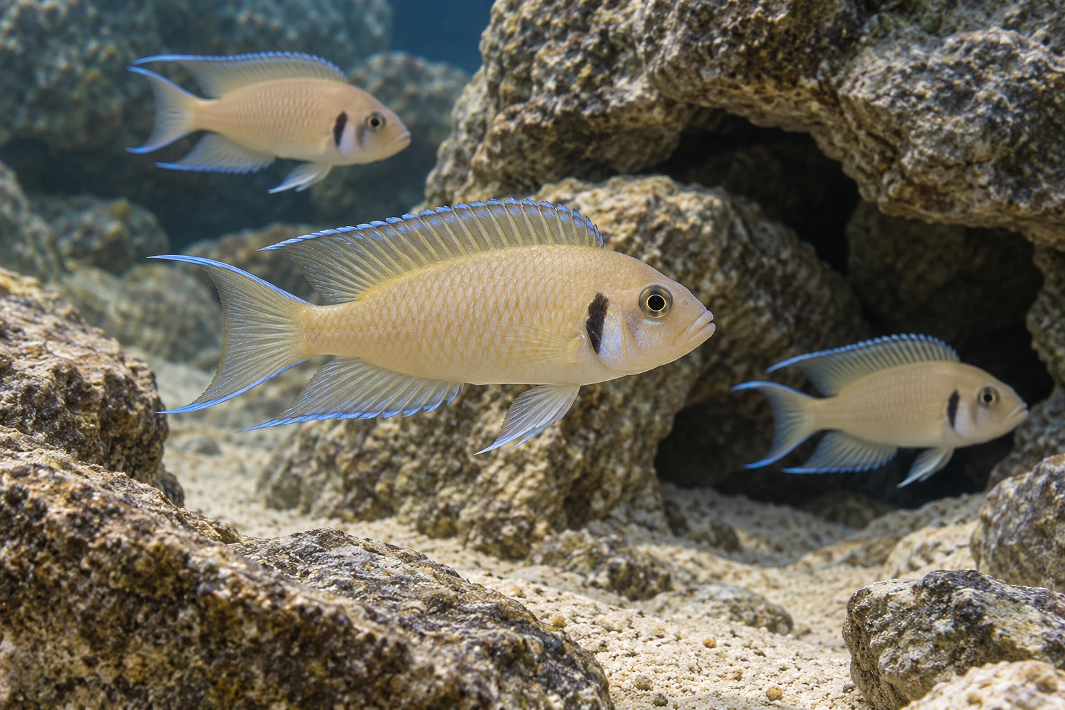 Три светлые Neolamprologus pulcher с голубой окантовкой плавников возле каменного укрытия