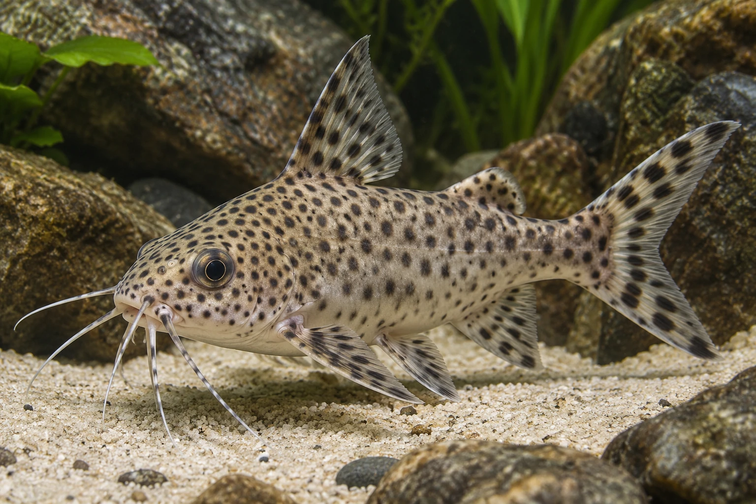 Синодонтис кукушка Synodontis multipunctatus с тёмными пятнами и целыми усами на подводном песке