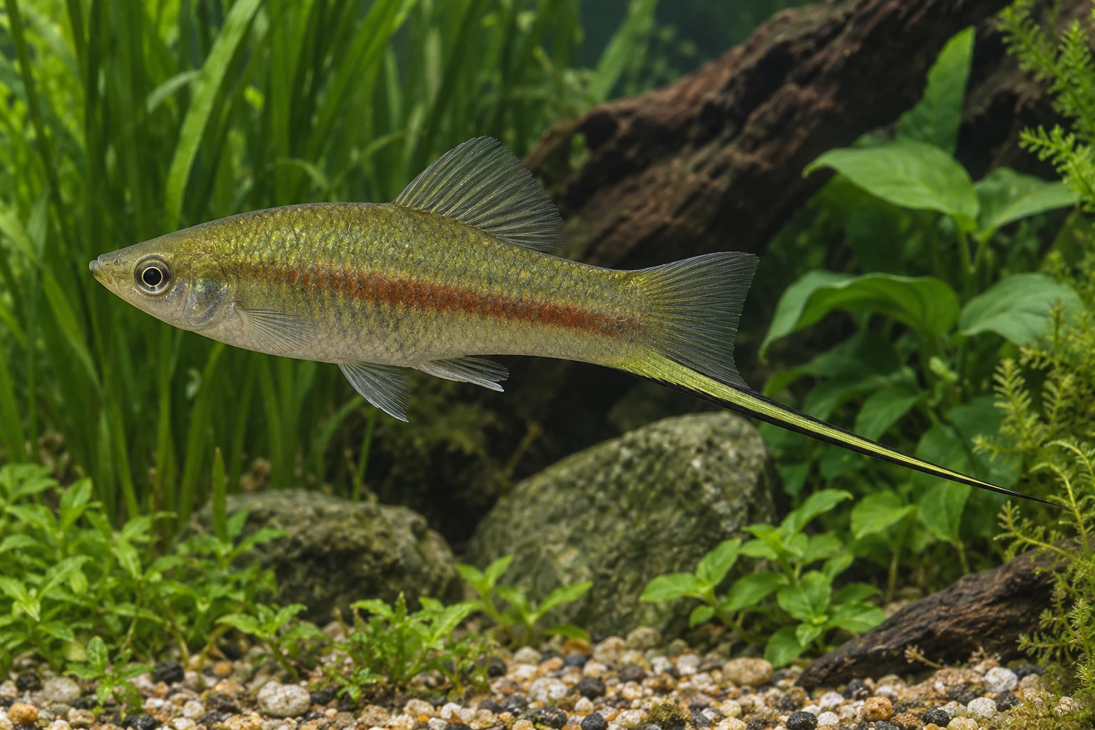 Самец зелёного меченосца Xiphophorus hellerii с продолжением нижнего края хвостового плавника