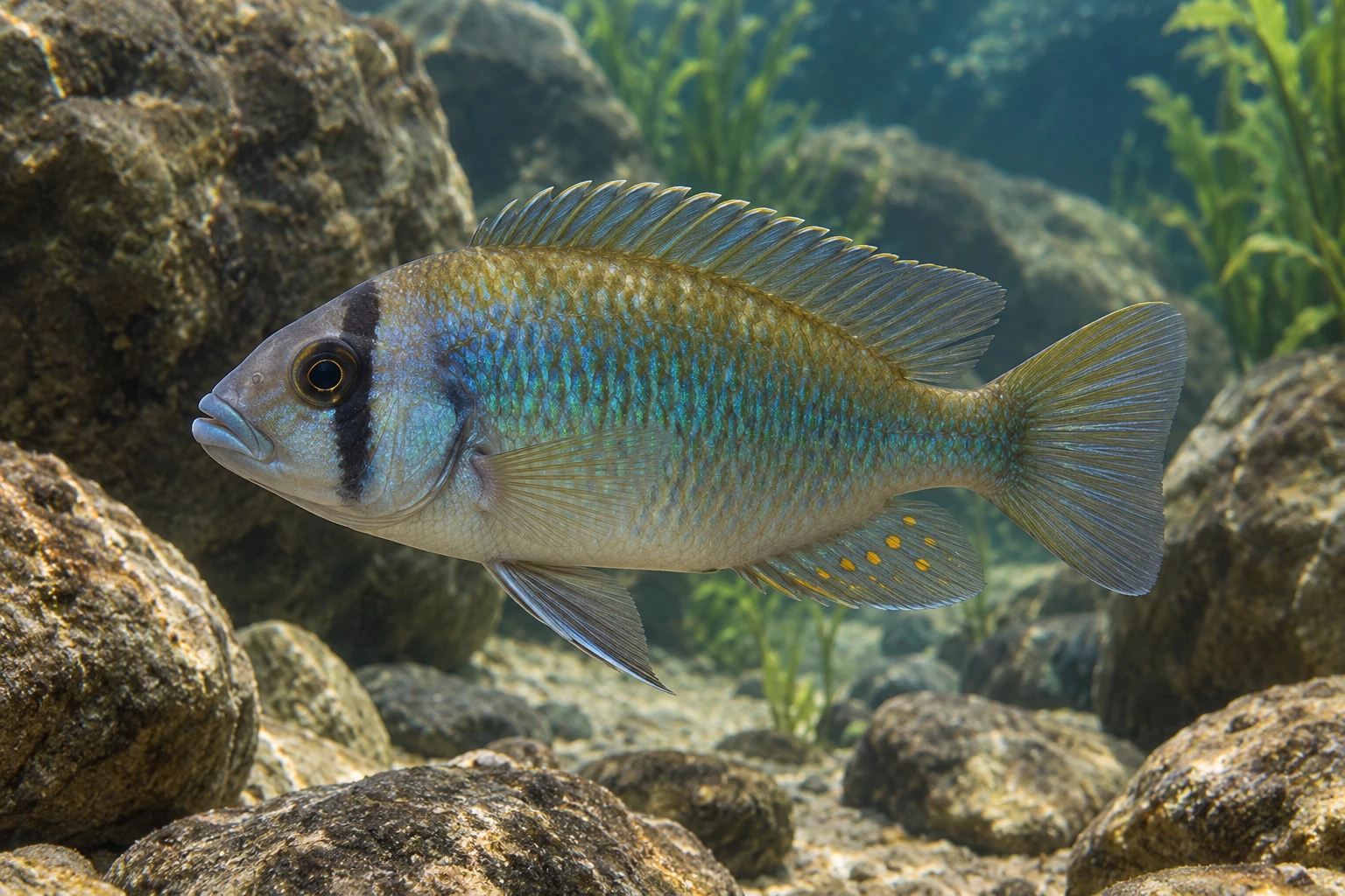 Самец Astatotilapia burtoni с естественной окраской и плоскими жёлтыми пятнами анального плавника