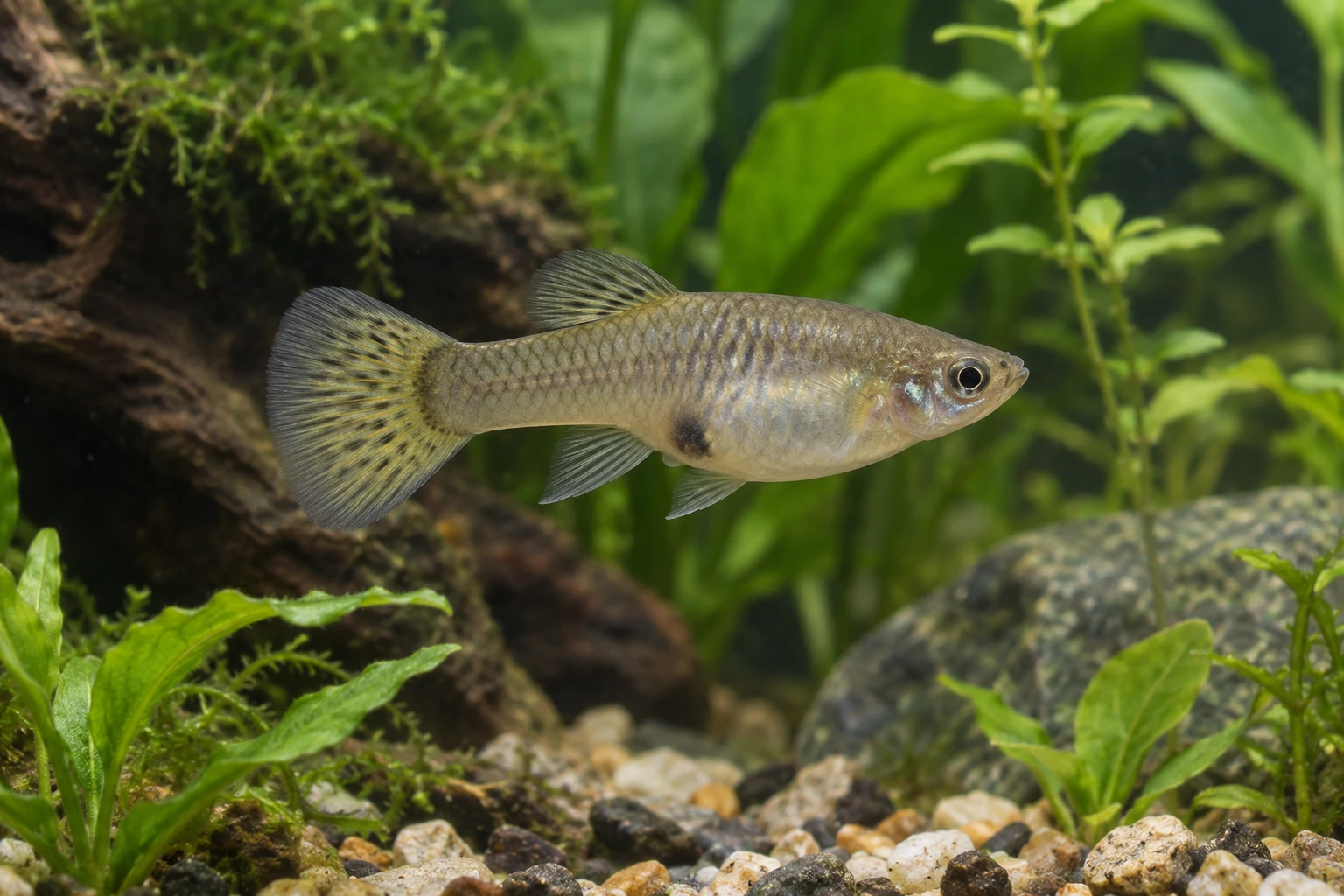 Обычная самка гуппи Poecilia reticulata с треугольным анальным плавником и естественной тёмной областью живота