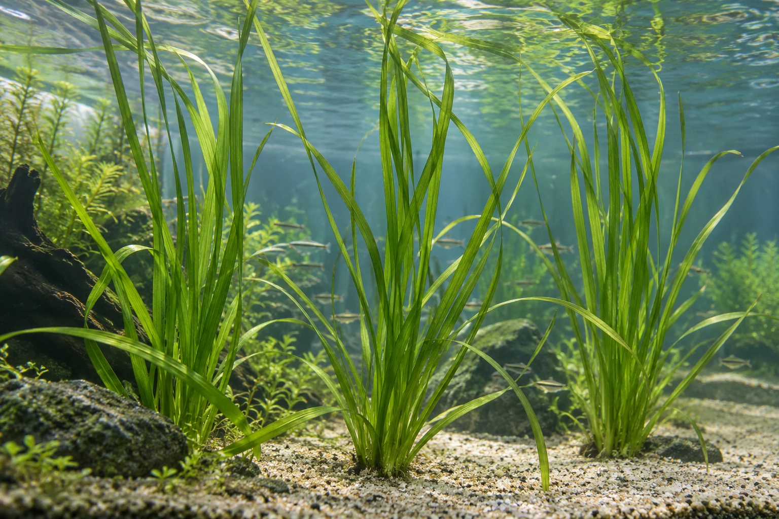 Лентовидные зелёные листья валлиснерии в открытой воде