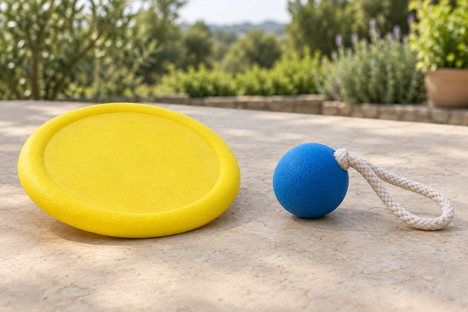Жёлтый игровой диск рядом с синим мячом с прикреплённой светлой канатной петлёй на светлом уличном столе