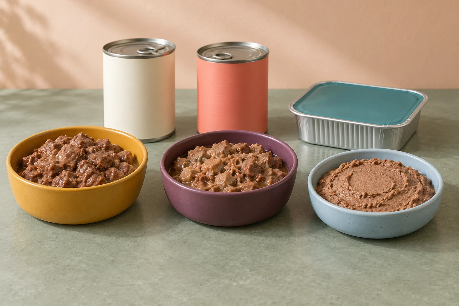 На зелёном столе охристая и сливовая миски с влажными кусочками и голубая с паштетом; позади кремовая и коралловая банки и лоток без надписей