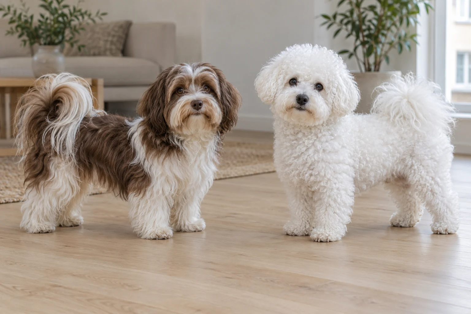 Коричнево-белый хаванез с длинной волнистой шерстью и белый кудрявый бишон-фризе стоят на полу
