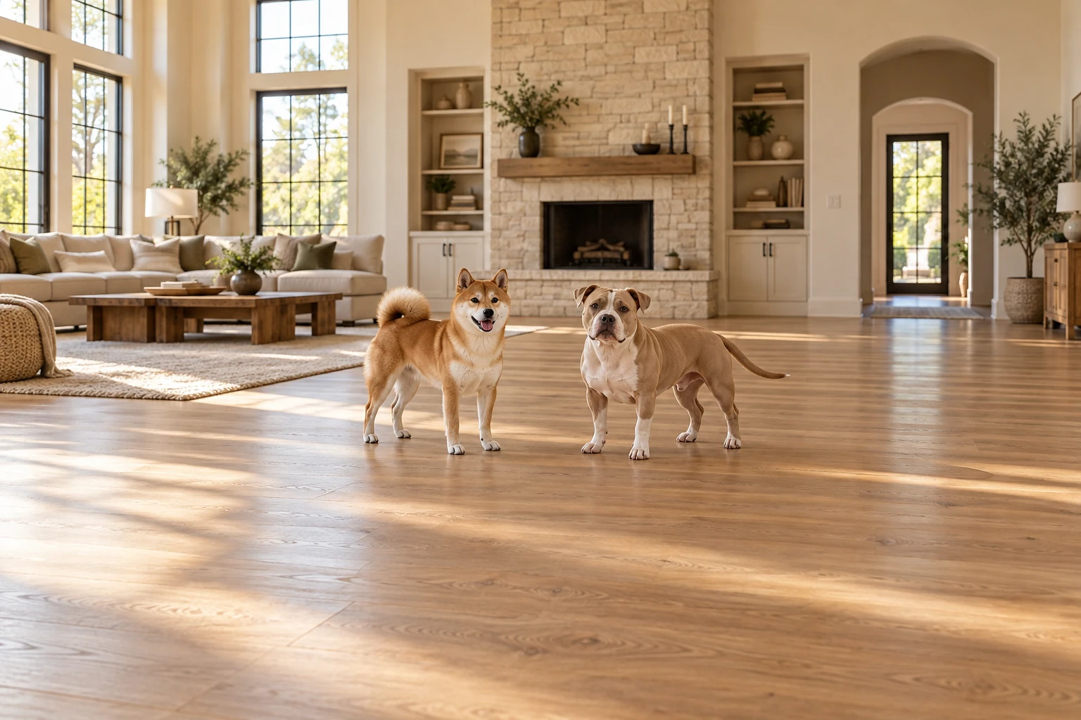 Рыжая сиба ину с кремовыми отметинами, стоячими ушами и пушистым хвостом над спиной и палево-белый американский булли с естественными сложенными ушами и длинным хвостом стоят целиком в гостиной.
