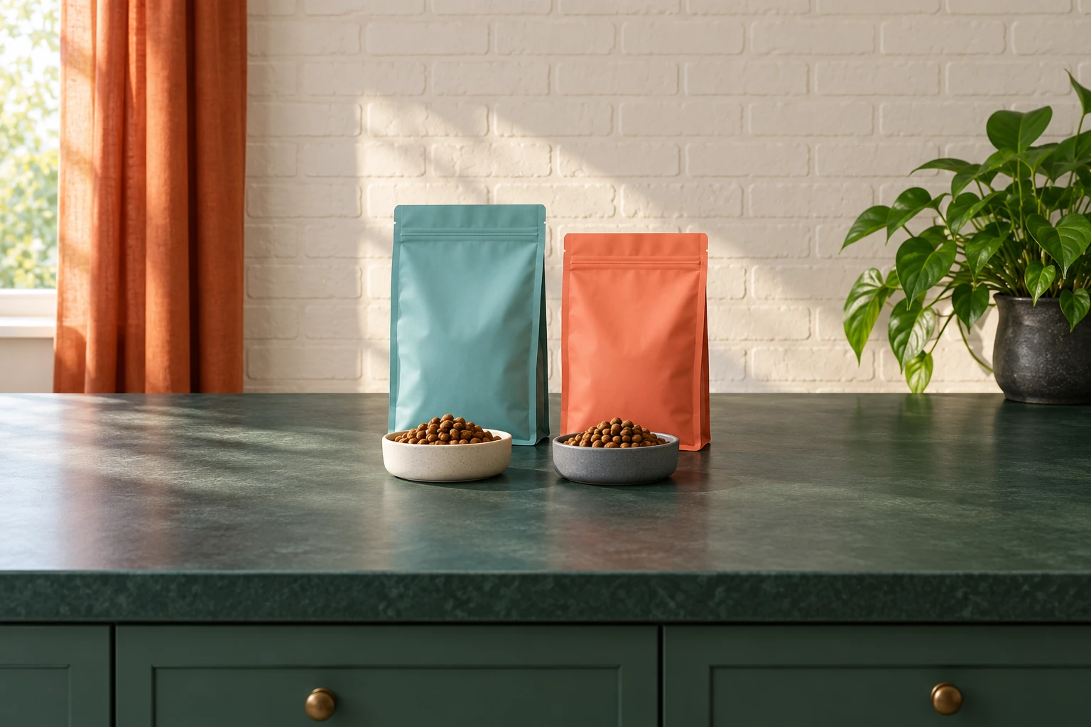 Бирюзовый и коралловый пакеты с кремовой и серой мисками сухого корма на тёмно-зелёной столешнице