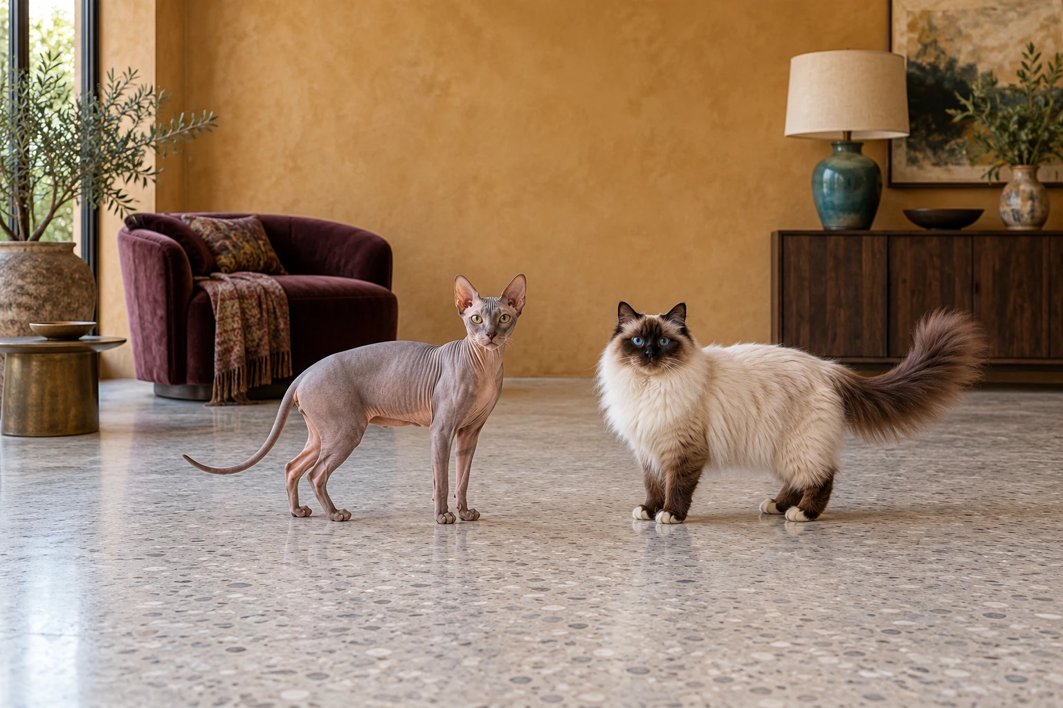 Серый голый донской сфинкс и рэгдолл с голубыми глазами целиком на светлом полу в комнате с охристой стеной
