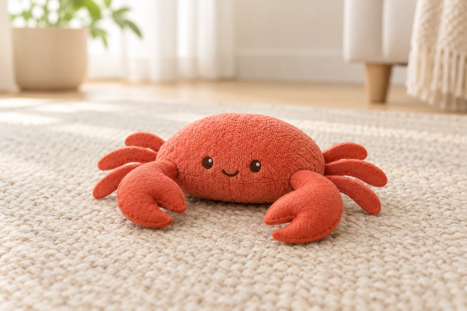 Коралловая мягкая игрушка в форме краба с двумя крупными клешнями и короткими боковыми деталями лежит на светлом вязаном ковре.