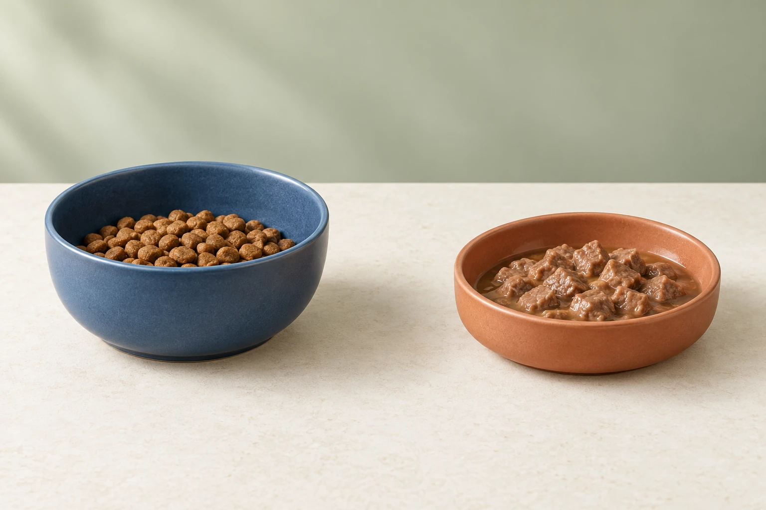 Синяя миска с сухими гранулами и терракотовая миска с кусочками в соусе стоят отдельно.