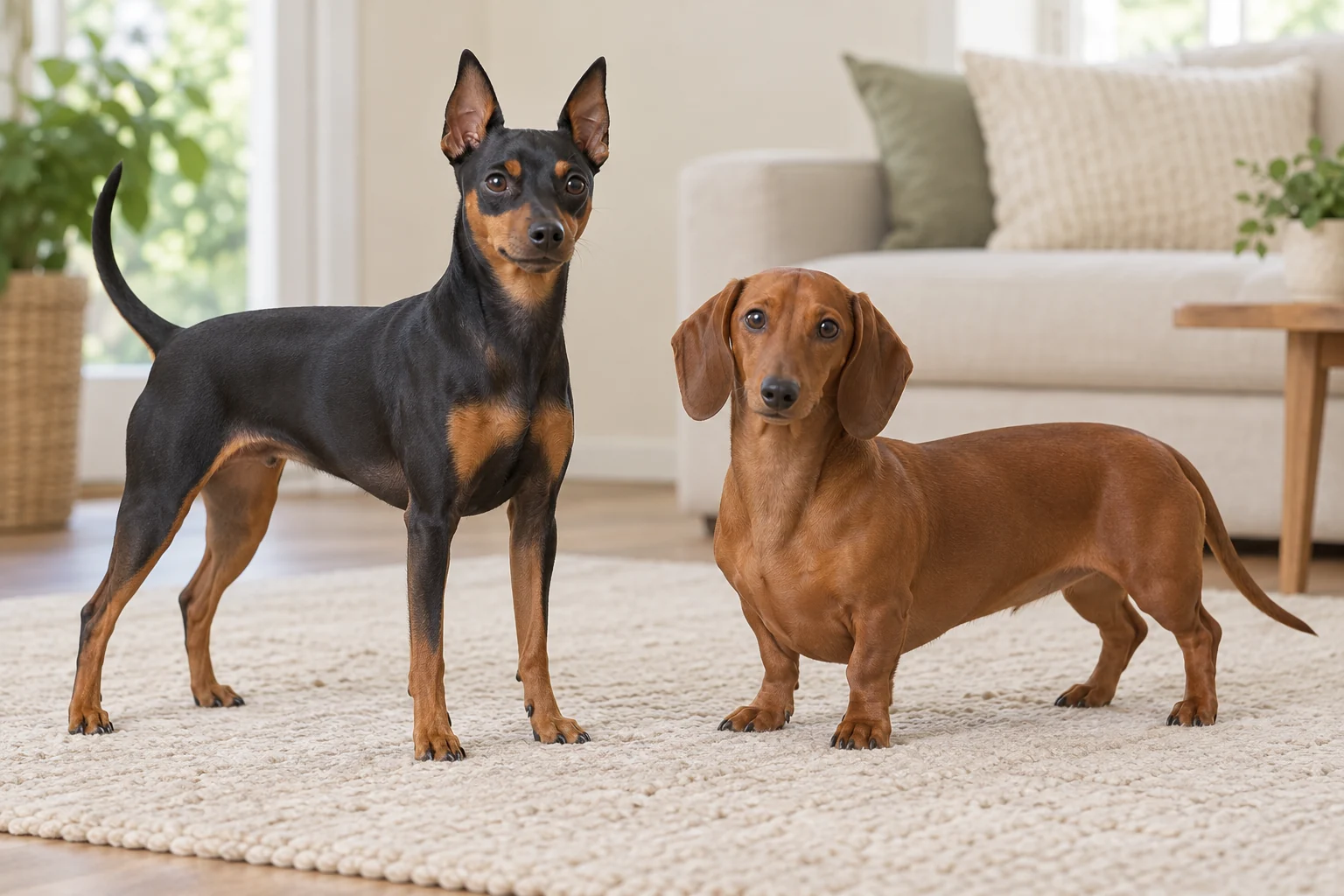 Чёрно-подпалый цвергпинчер с полным длинным хвостом и рыжая такса стоят рядом