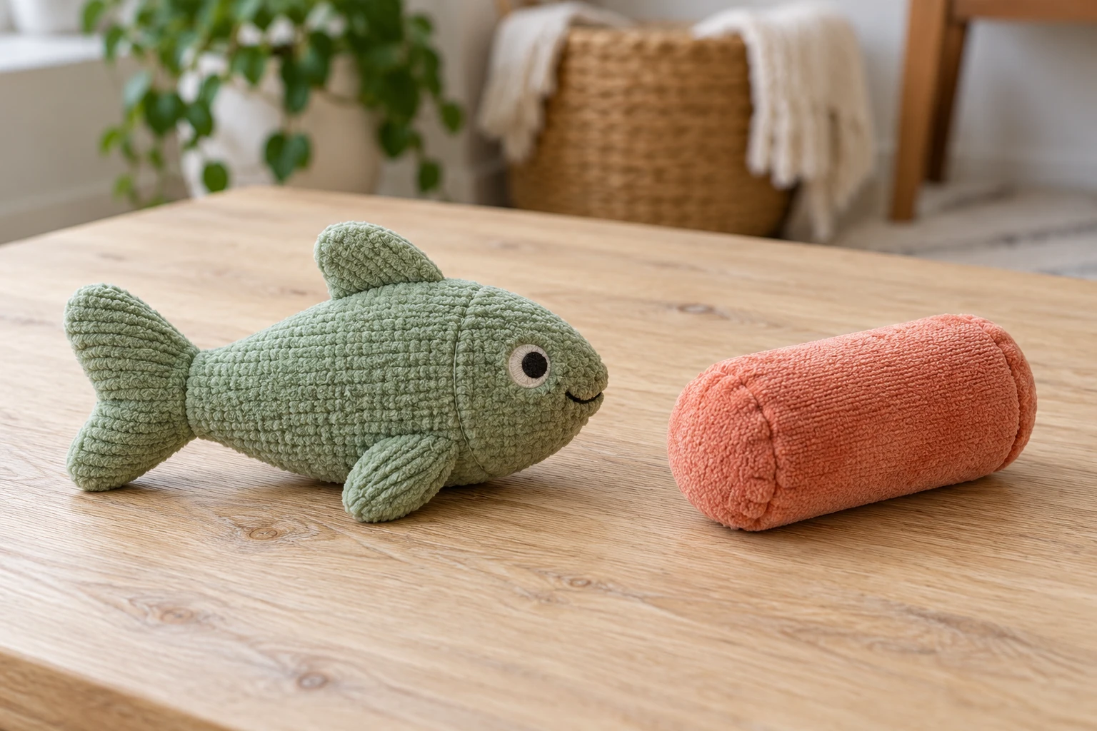 Вымышленные мягкие игрушки в форме зелёной рыбки и кораллового валика на столе