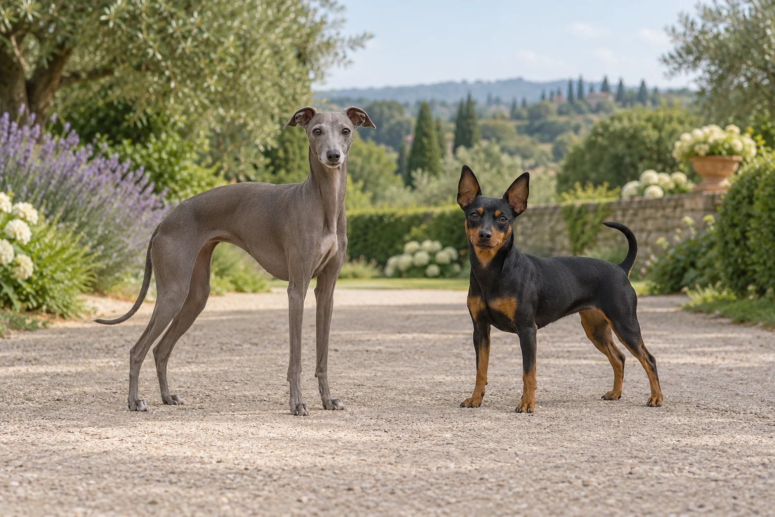 Серая тонконогая левретка рядом с более низким компактным чёрно-подпалым цвергпинчером