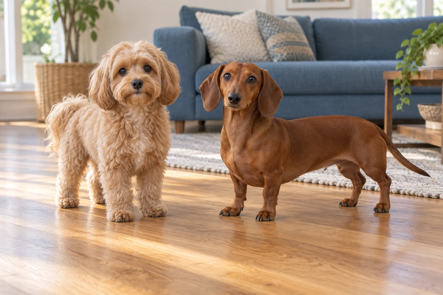 Абрикосовая волнистая мальтипу и рыжая гладкошёрстная такса с полным естественным хвостом стоят рядом