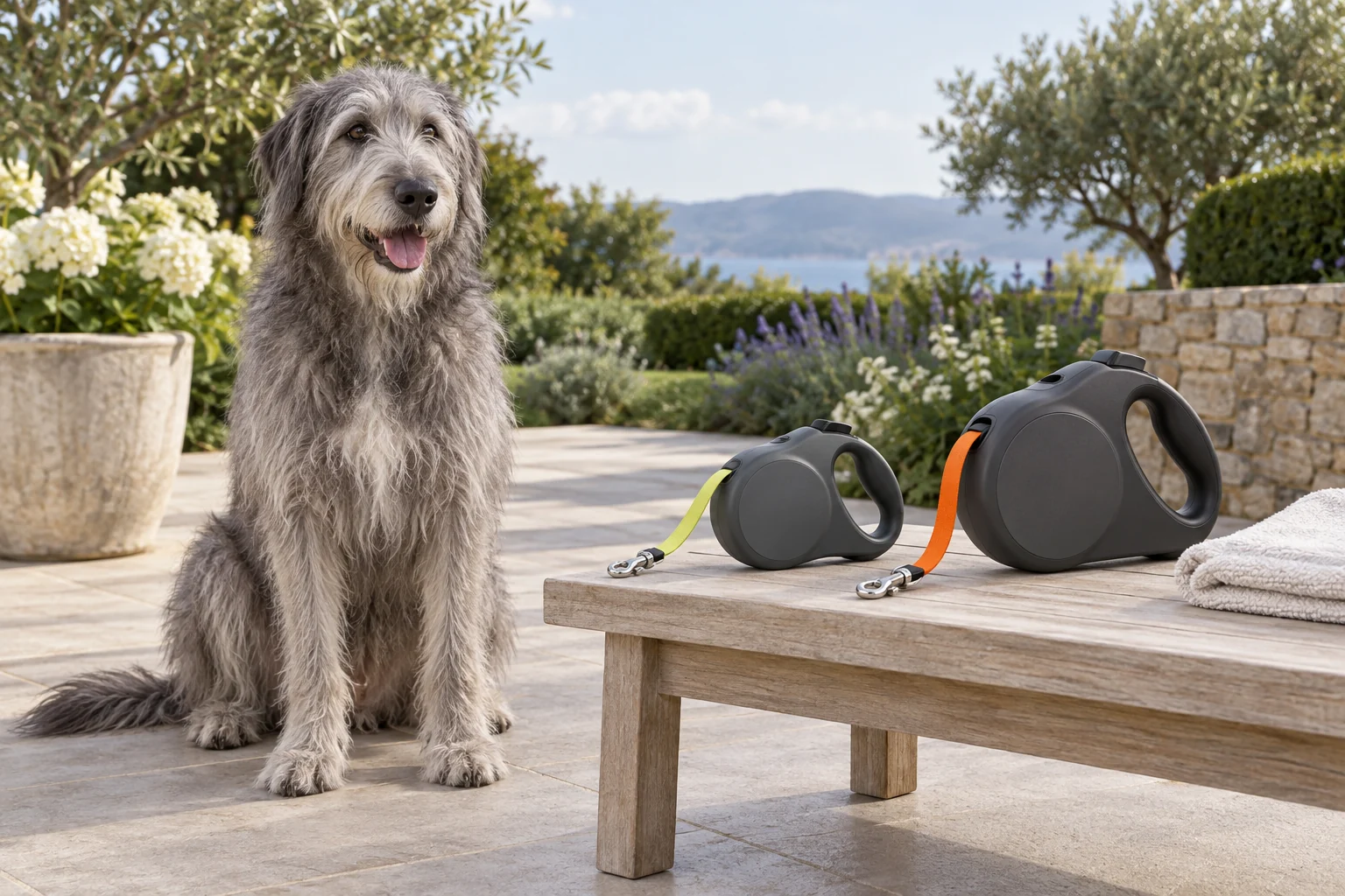 Серая лохматая собака возле скамьи с двумя чёрными рулетками и короткими жёлтой и оранжевой лентами.
